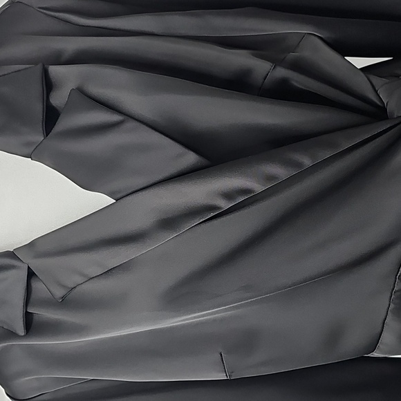 Eloquii Elegant Black Satin Wrap Dress Padded Shoulders Tulip Hemline - Picture 4 of 15